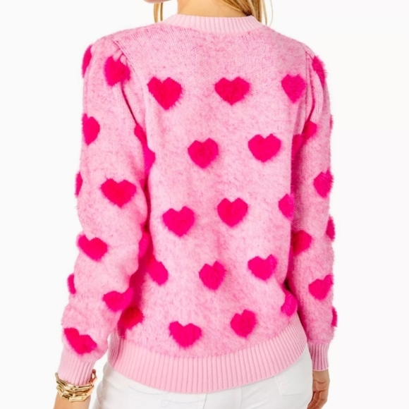 Lilly Pulitzer Cozy Fuzzy Preppy Heart Print Keane Cardigan Sweater Pink Large - Picture 5 of 16